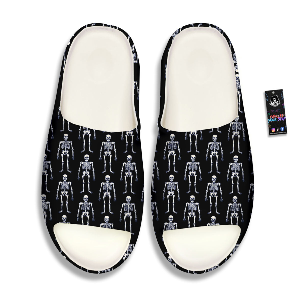 White Skeleton And Black Print Pattern Sandals-grizzshop