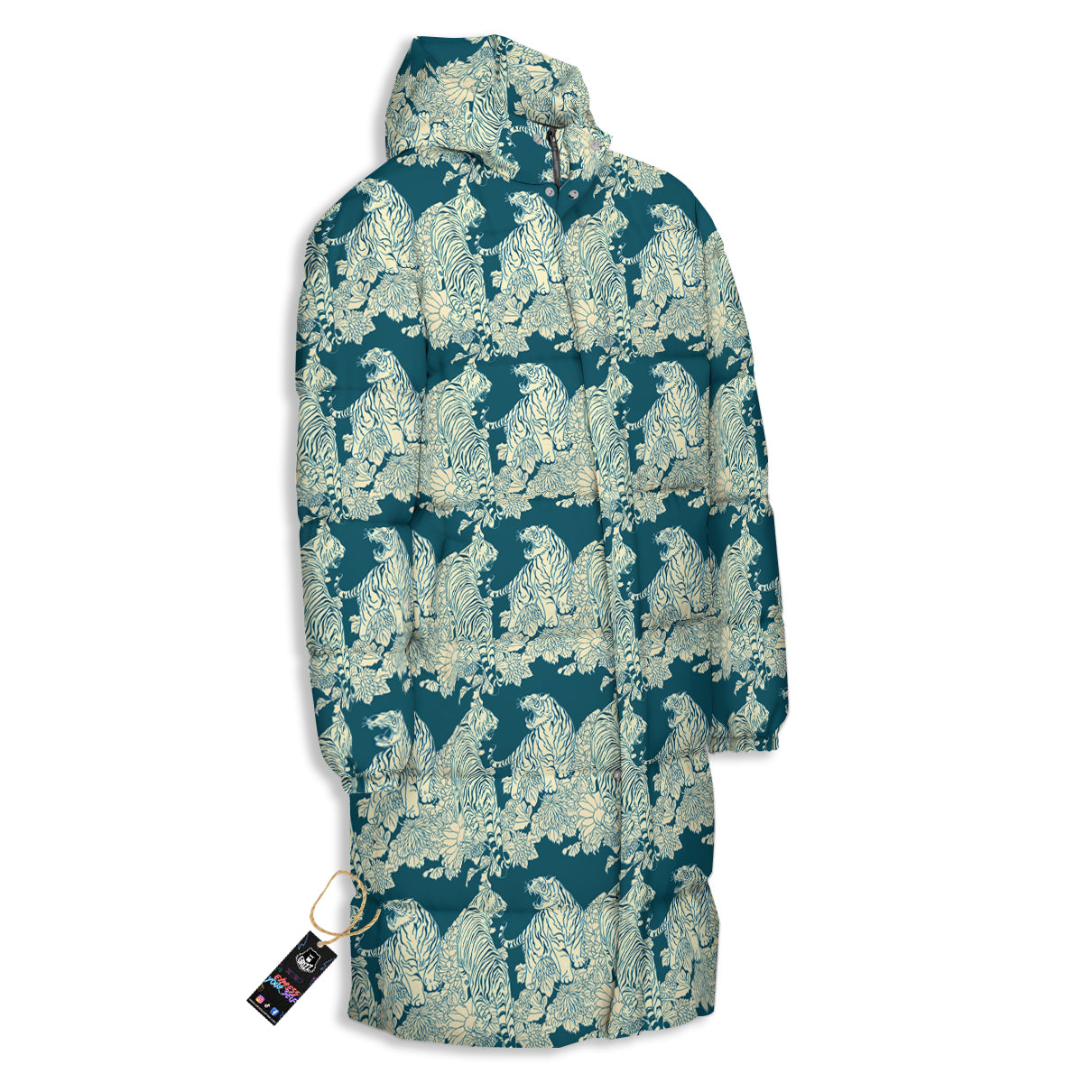 White Tiger Japanese Print Pattern Long Down Jacket