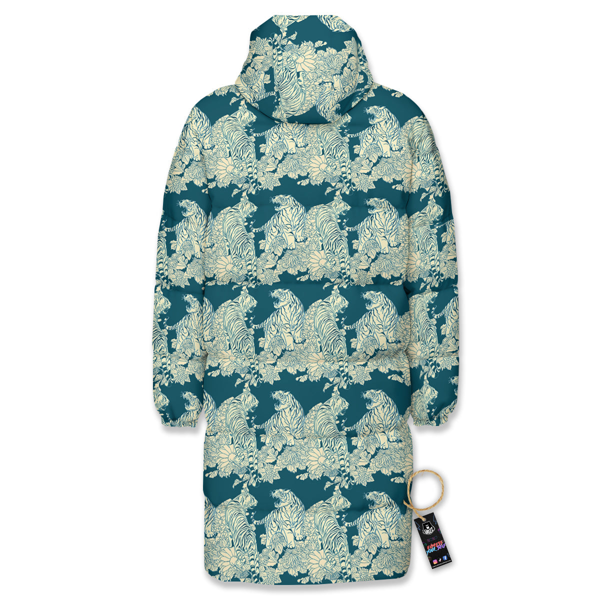 White Tiger Japanese Print Pattern Long Down Jacket