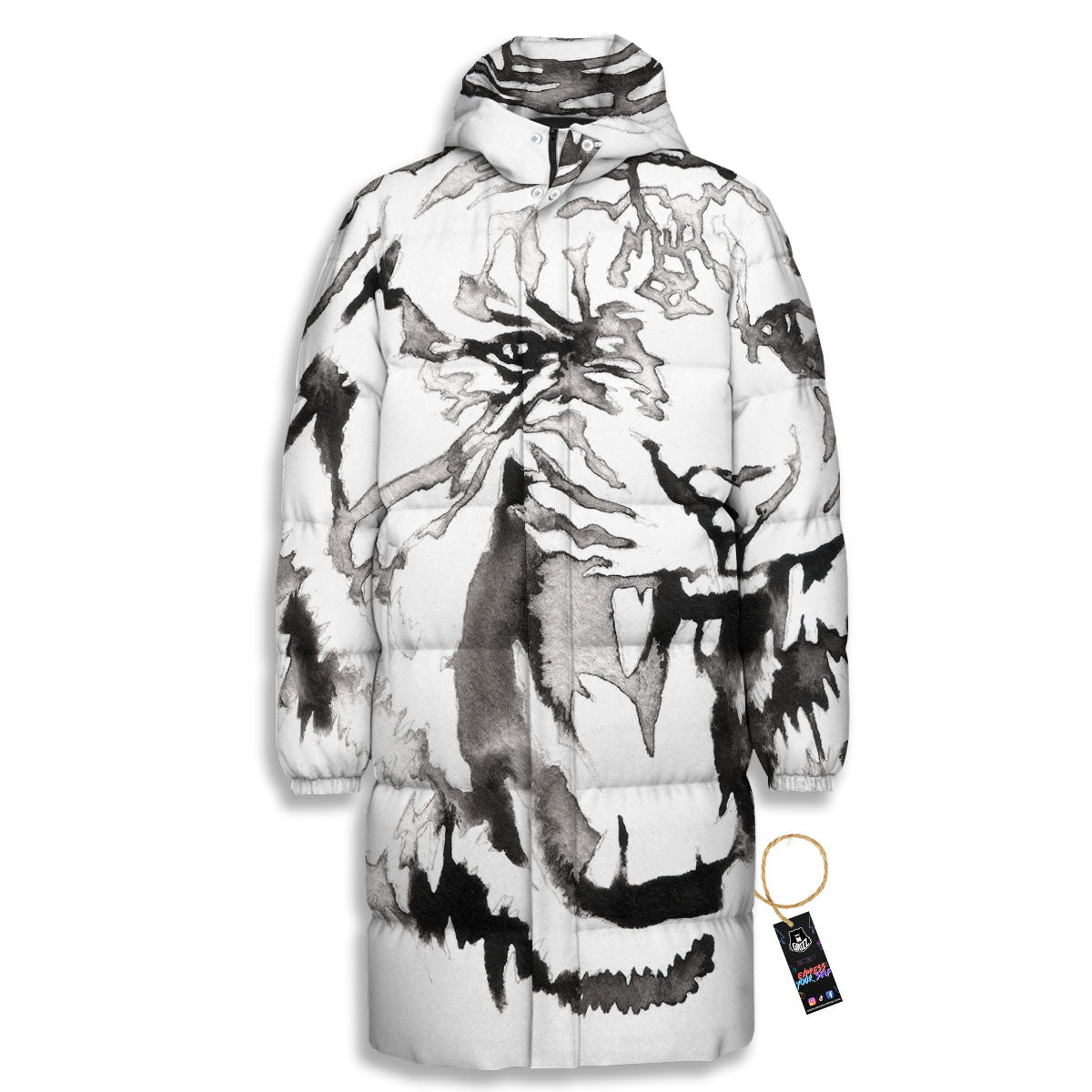 White Tiger Watercolor Monochrome Print Long Down Jacket