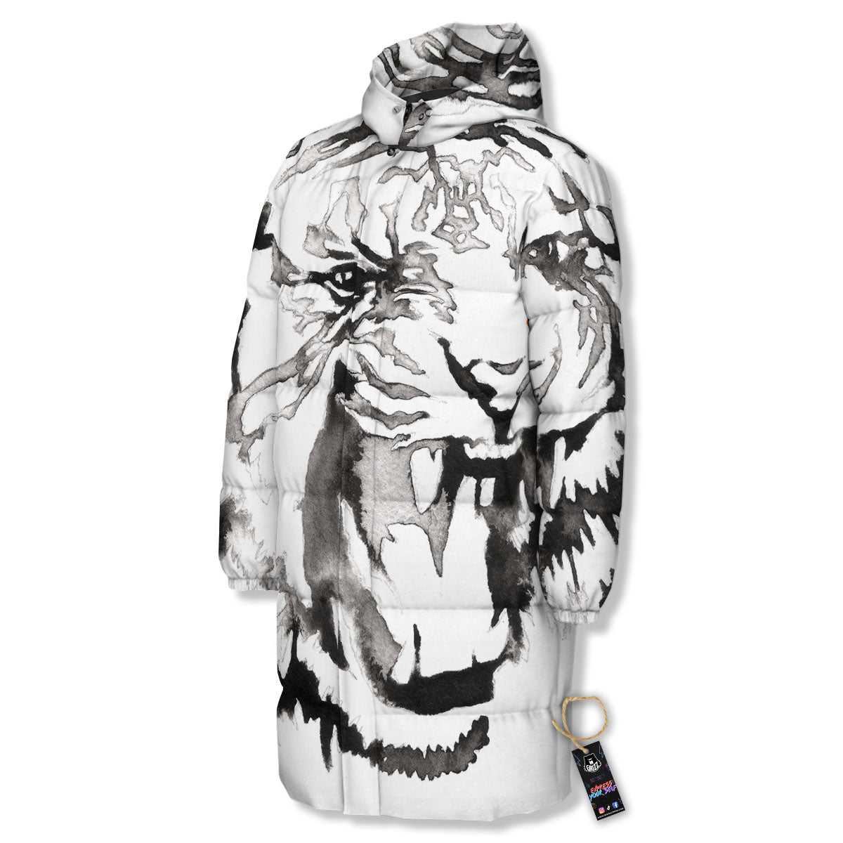 White Tiger Watercolor Monochrome Print Long Down Jacket