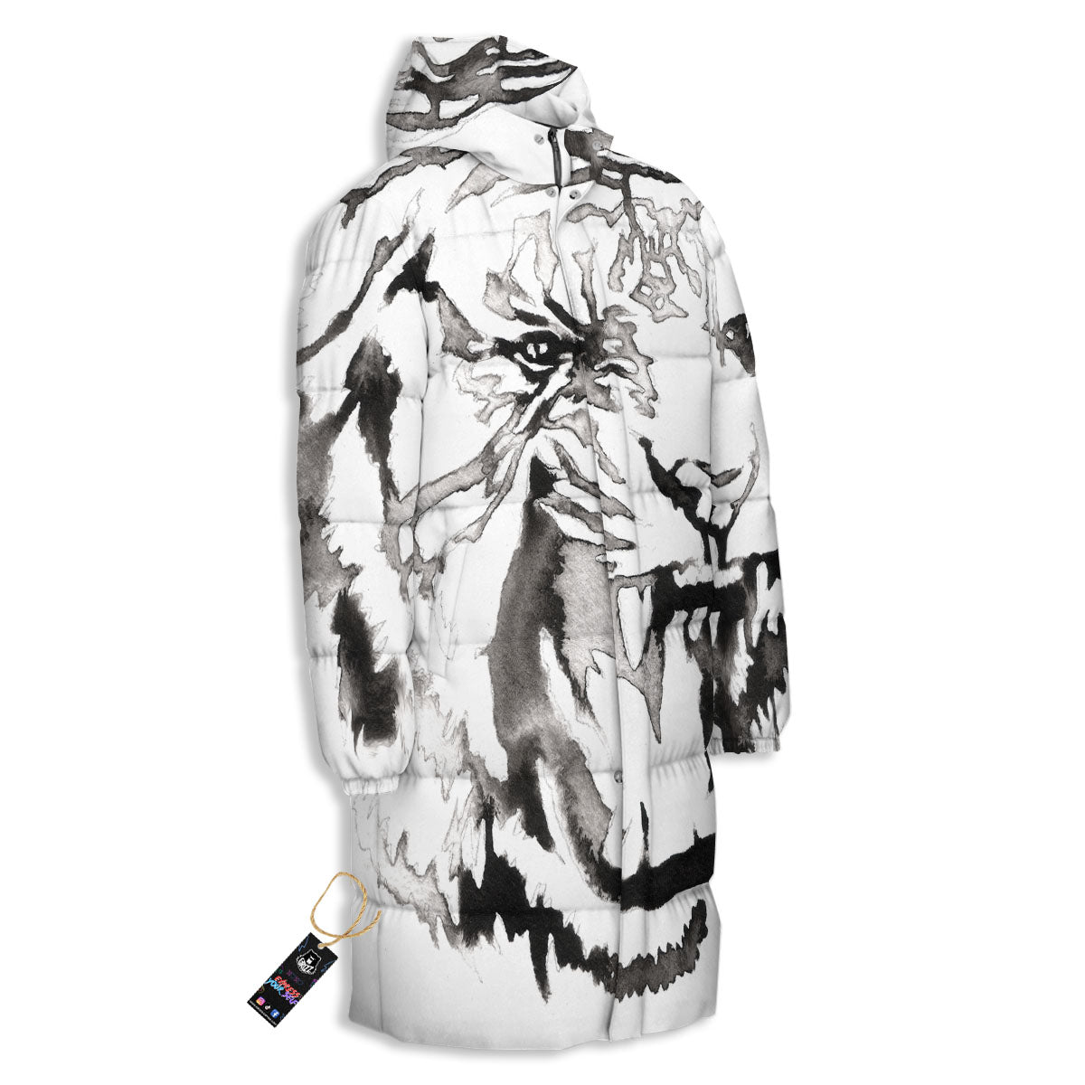 White Tiger Watercolor Monochrome Print Long Down Jacket