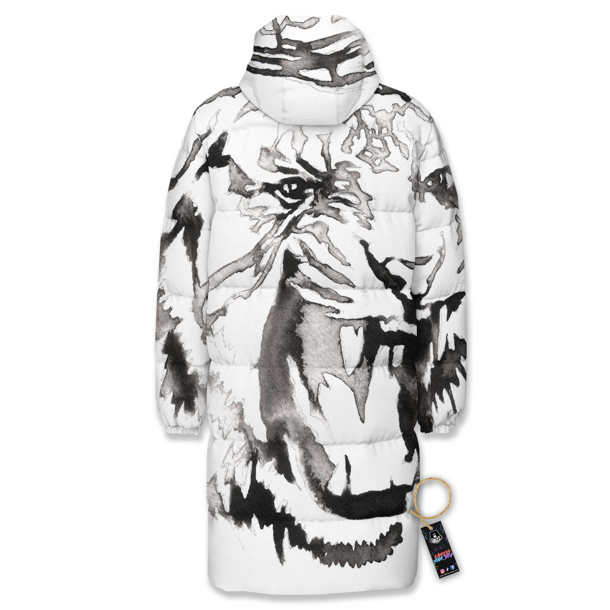 White Tiger Watercolor Monochrome Print Long Down Jacket