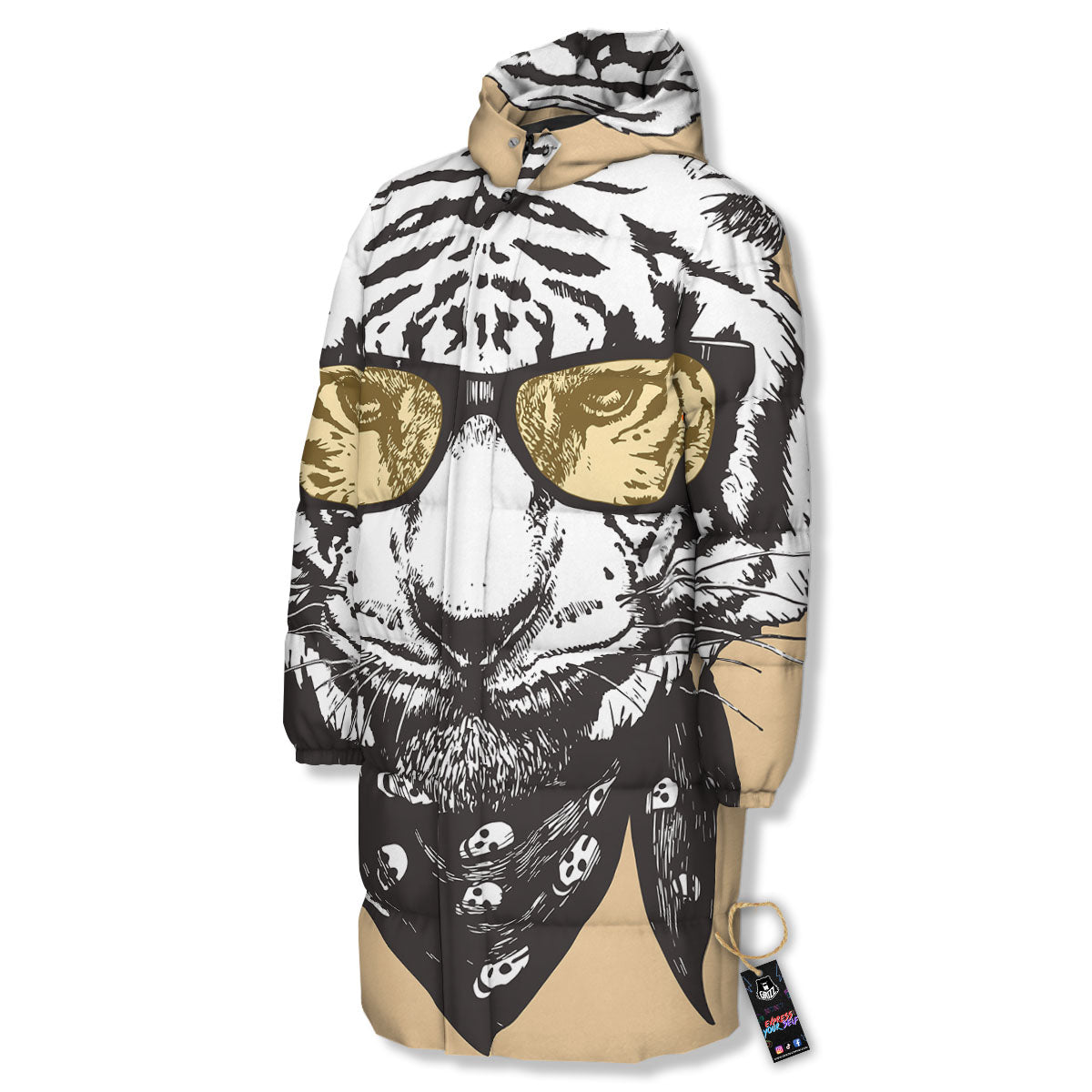 White Tiger With Sunglasses Print Pattern Long Down Jacket