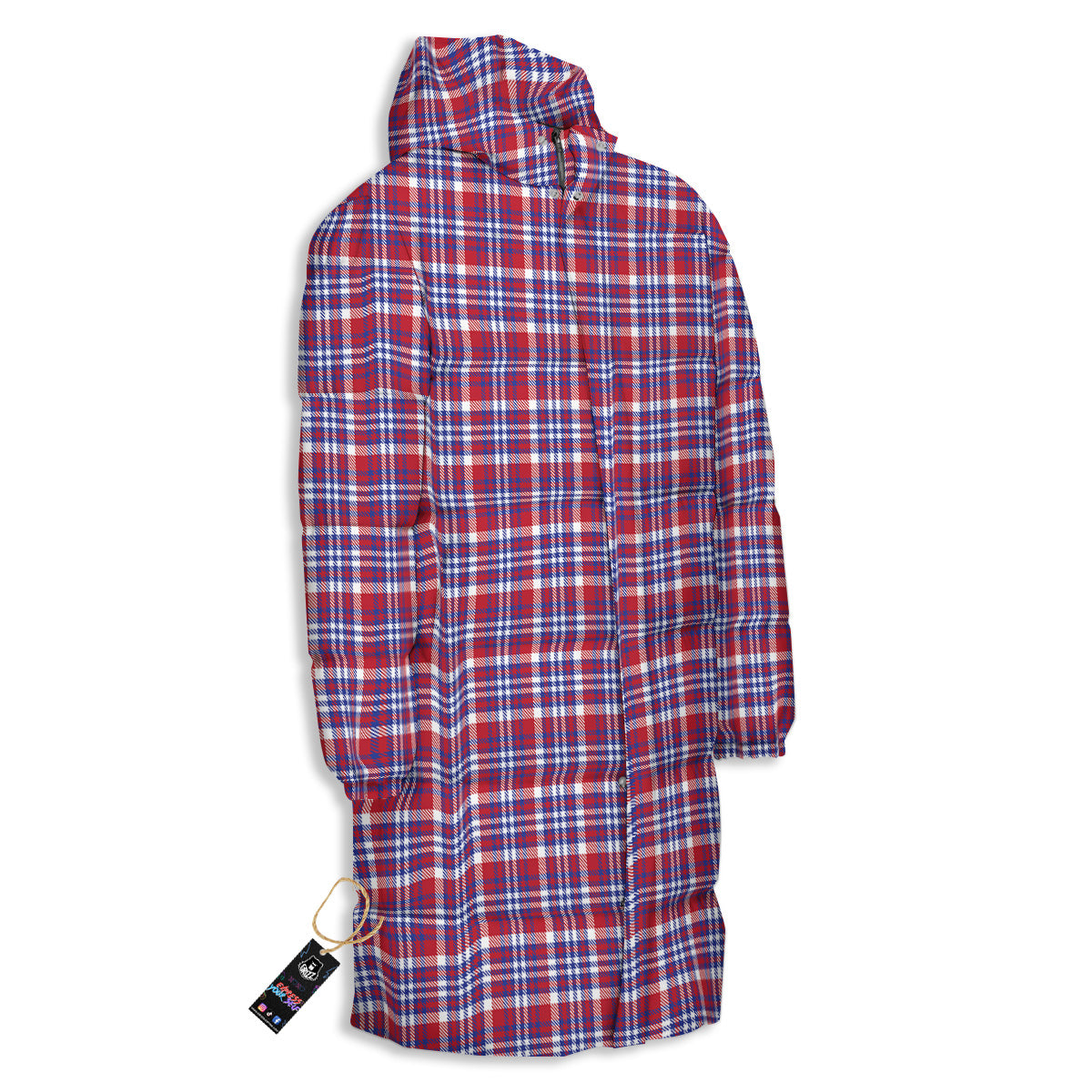 White USA Plaid And Blue Red Print Long Down Jacket