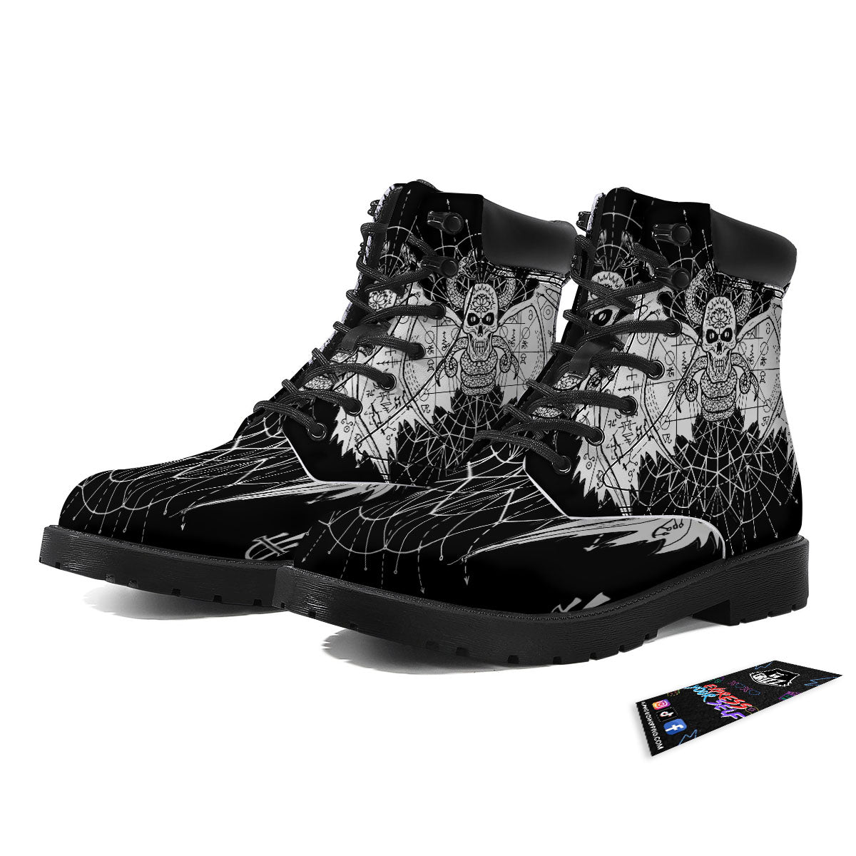 Wicca Devil Skull White And Black Print Boots-grizzshop