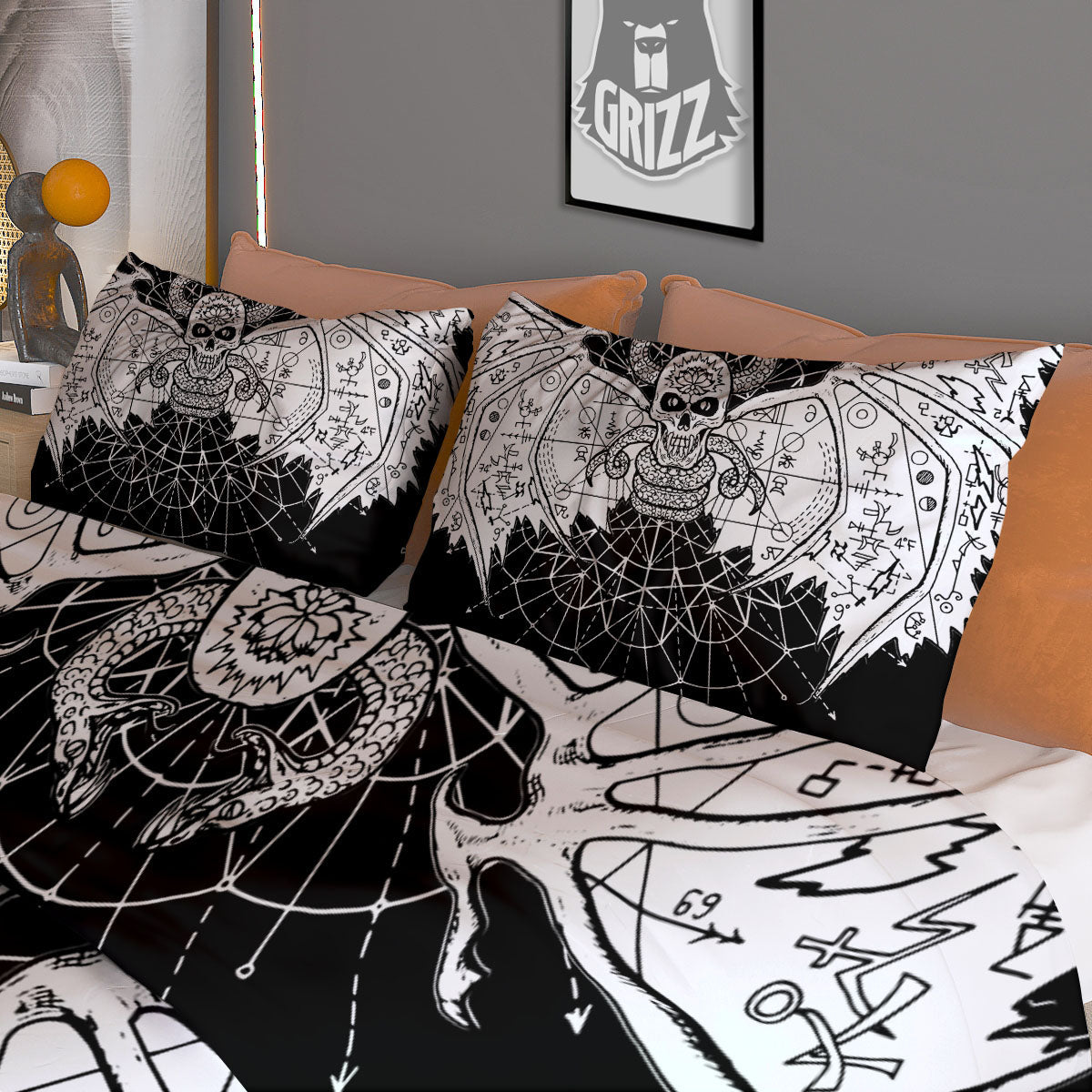 Wicca Devil Skull White And Black Print Duvet Cover Bedding Set