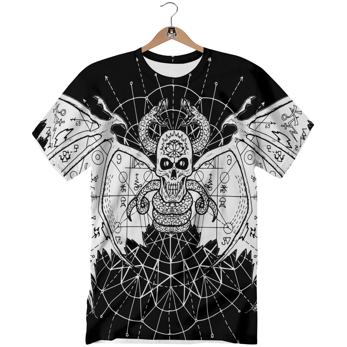 Wicca Devil Skull White And Black Print T-Shirt-grizzshop