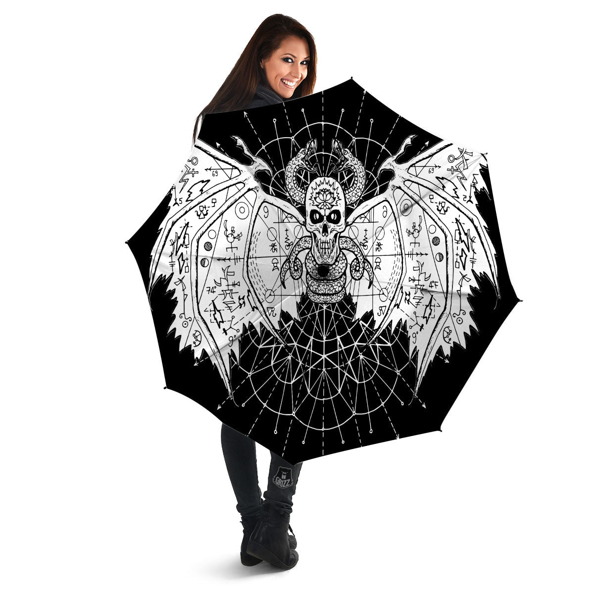 Wicca Devil Skull White And Black Print Umbrella-grizzshop