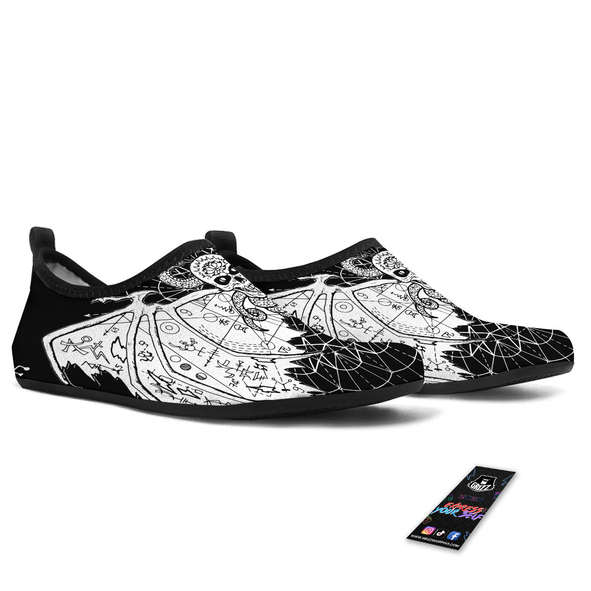Wicca Devil Skull White And Black Print Water Shoes-grizzshop