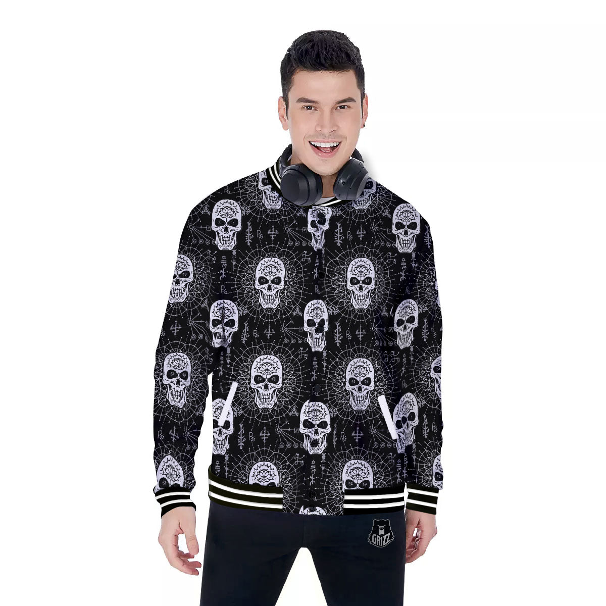 Wicca Evil Skull White And Black Print Baseball Jacket-grizzshop