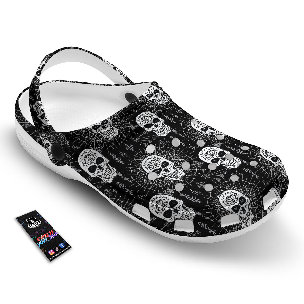 Wicca Evil Skull White And Black Print Clog-grizzshop