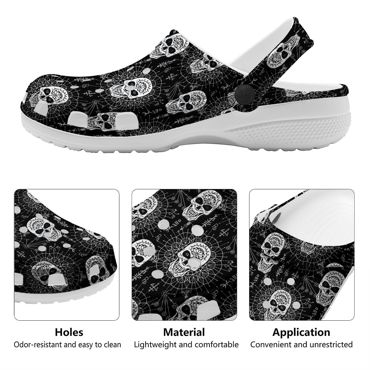Wicca Evil Skull White And Black Print Clog-grizzshop