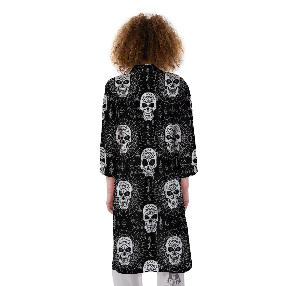 Wicca Evil Skull White And Black Print Kimono-grizzshop