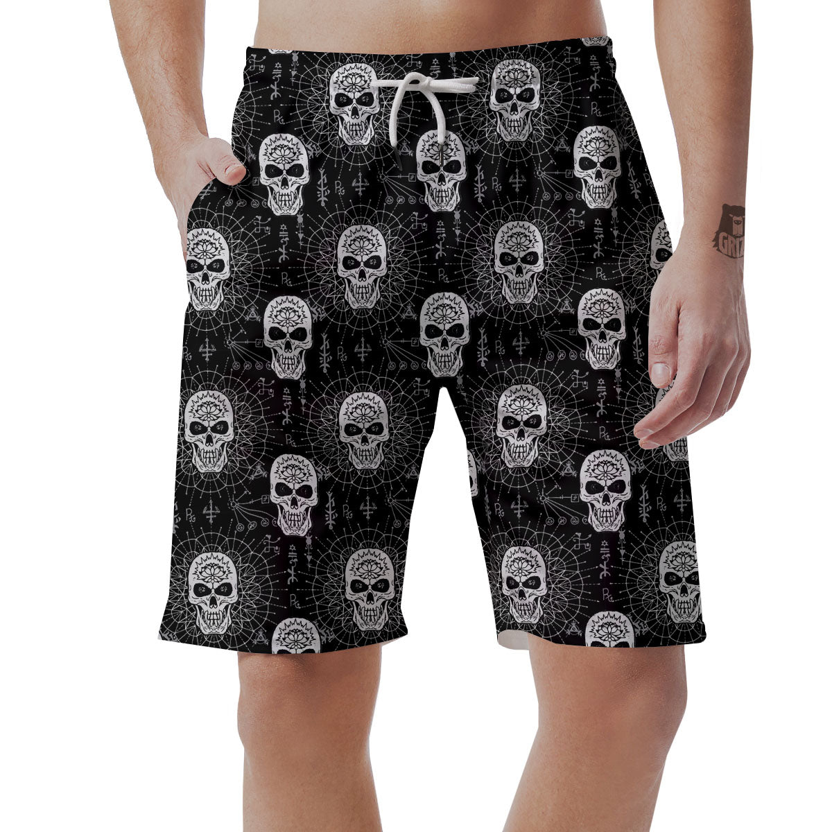 Wicca Evil Skull White And Black Print Men's Shorts-grizzshop