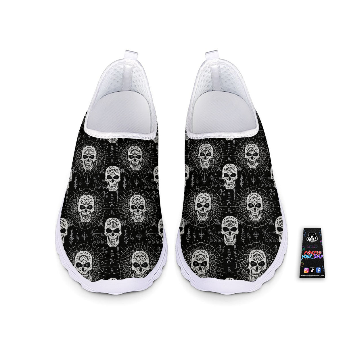 Wicca Evil Skull White And Black Print Nurse Shoes-grizzshop