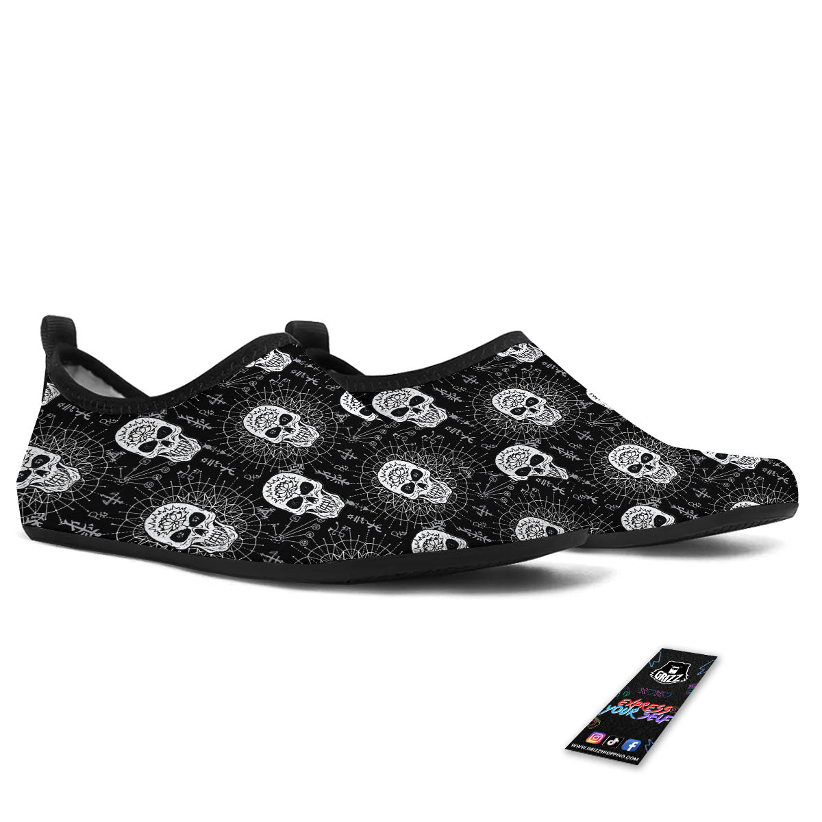 Wicca Evil Skull White And Black Print Water Shoes-grizzshop