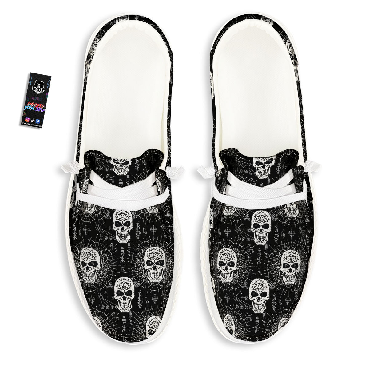 Wicca Evil Skull White And Black Print White Loafers-grizzshop
