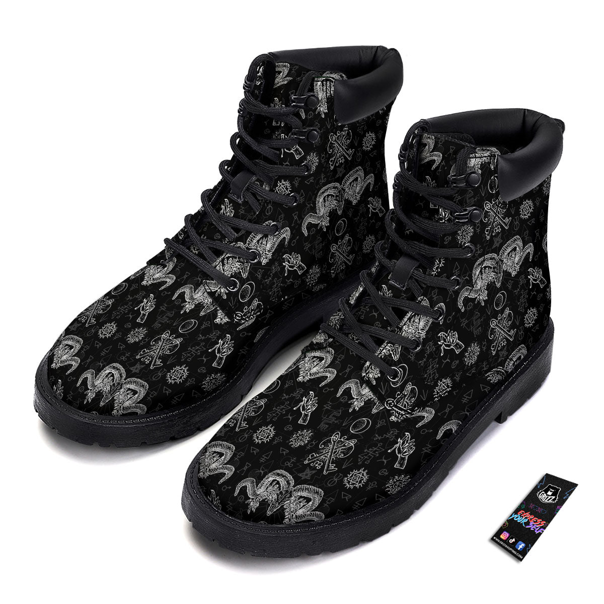 Wicca Gothic White And Black Print Boots-grizzshop