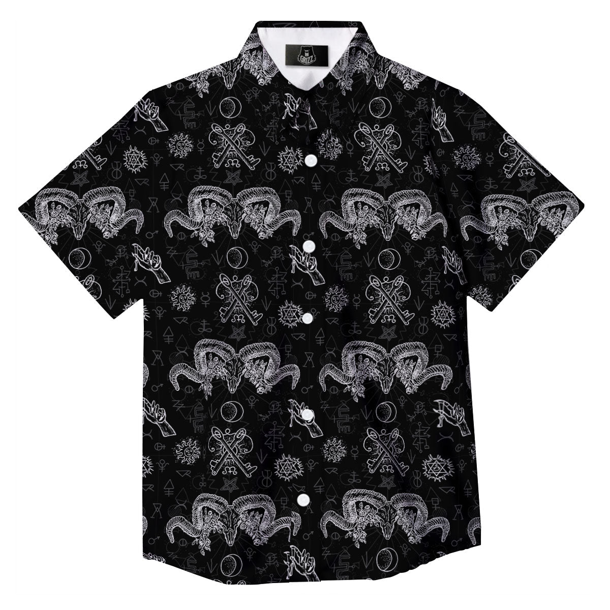Wicca Gothic White And Black Print Button Up Shirt-grizzshop