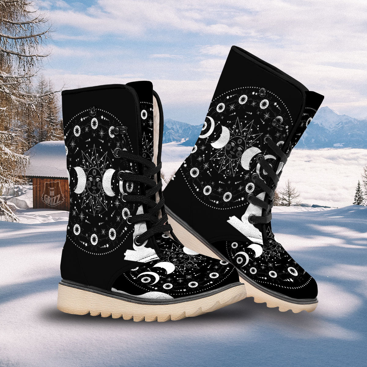 Wicca Magical White And Black Print Snow Boots-grizzshop