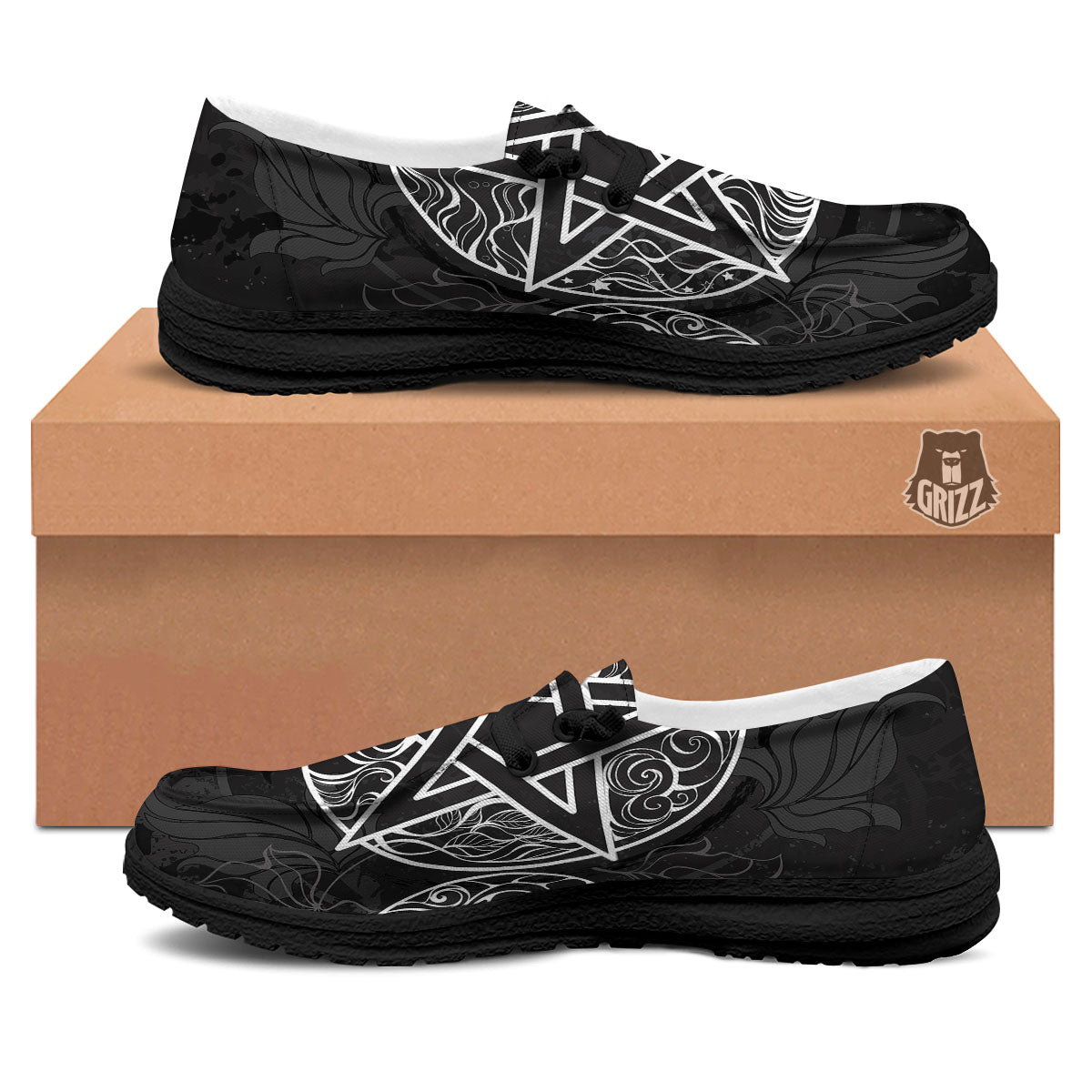 Wicca Pentagram White And Black Print Black Loafers-grizzshop
