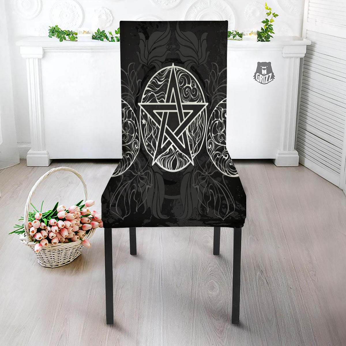 Wicca Pentagram White And Black Print Dining Chair Slipcover-grizzshop