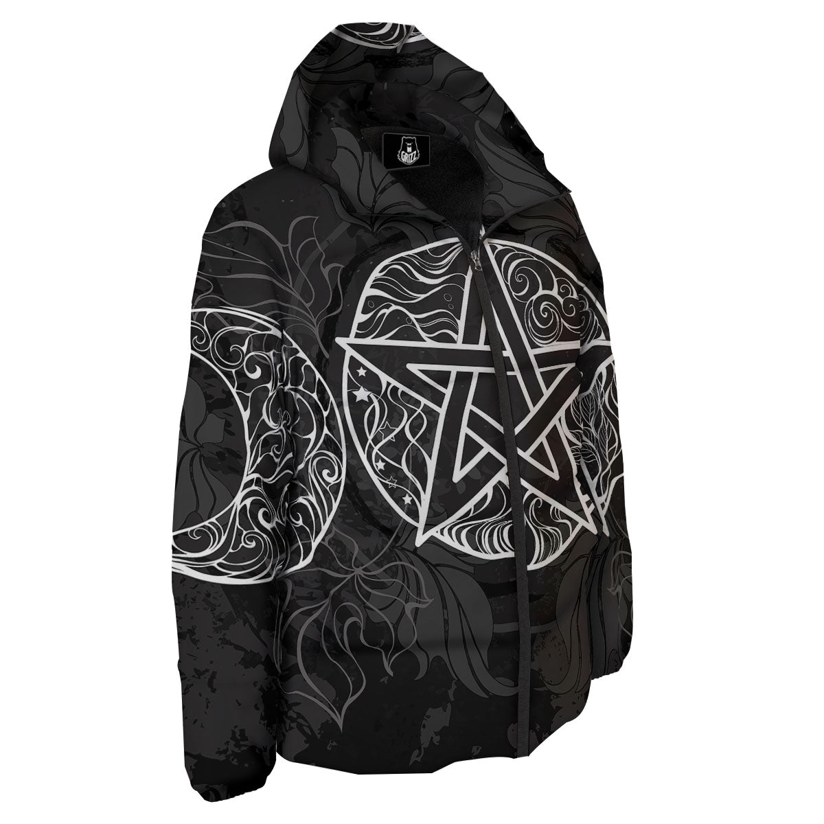 Wicca Pentagram White And Black Print Down Jacket-grizzshop