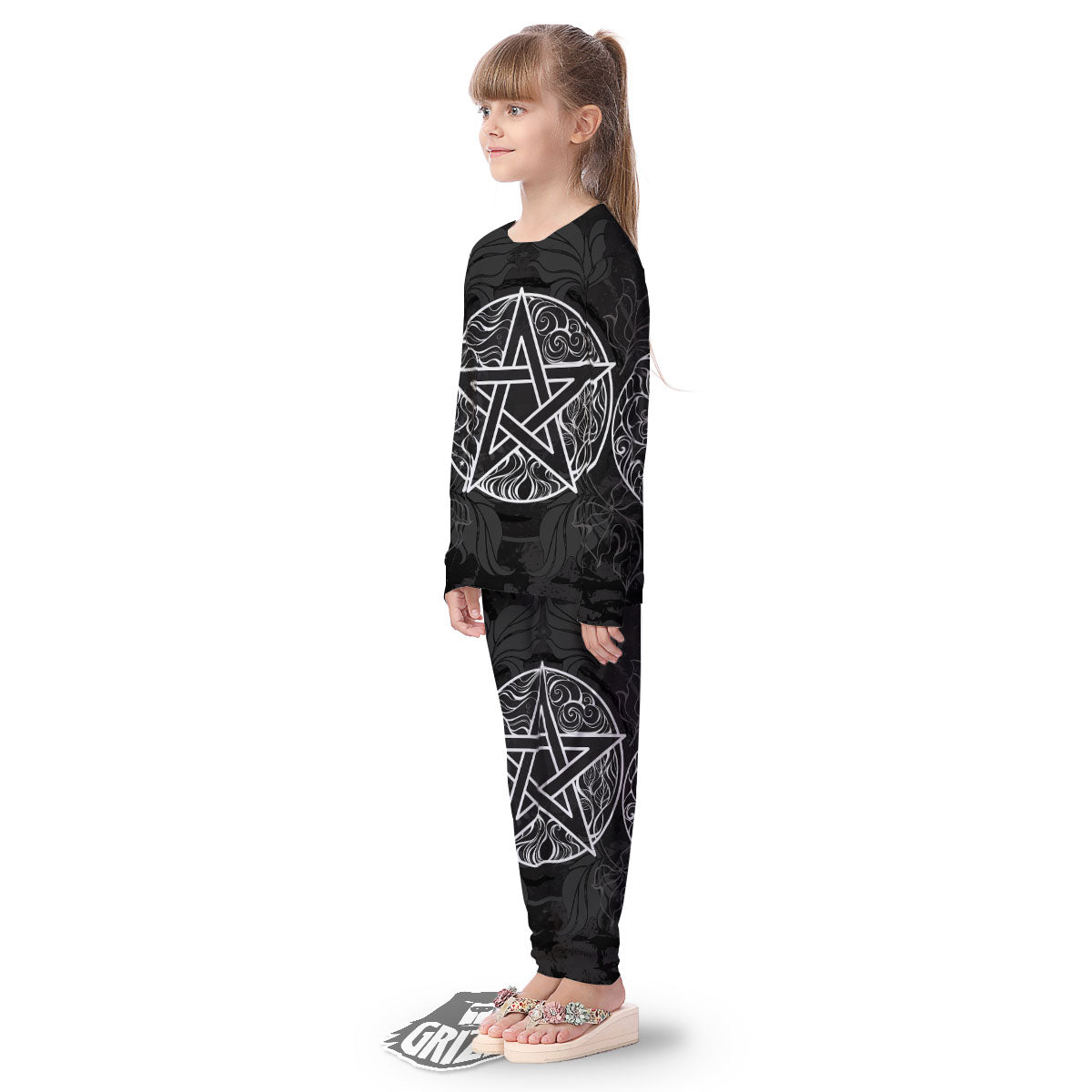 Wicca Pentagram White And Black Print Kid's Pajamas-grizzshop