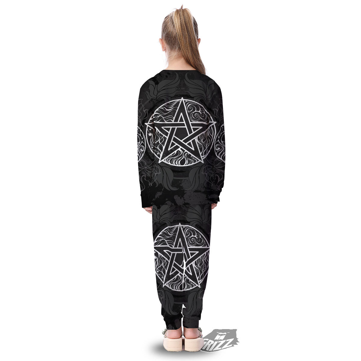 Wicca Pentagram White And Black Print Kid's Pajamas-grizzshop