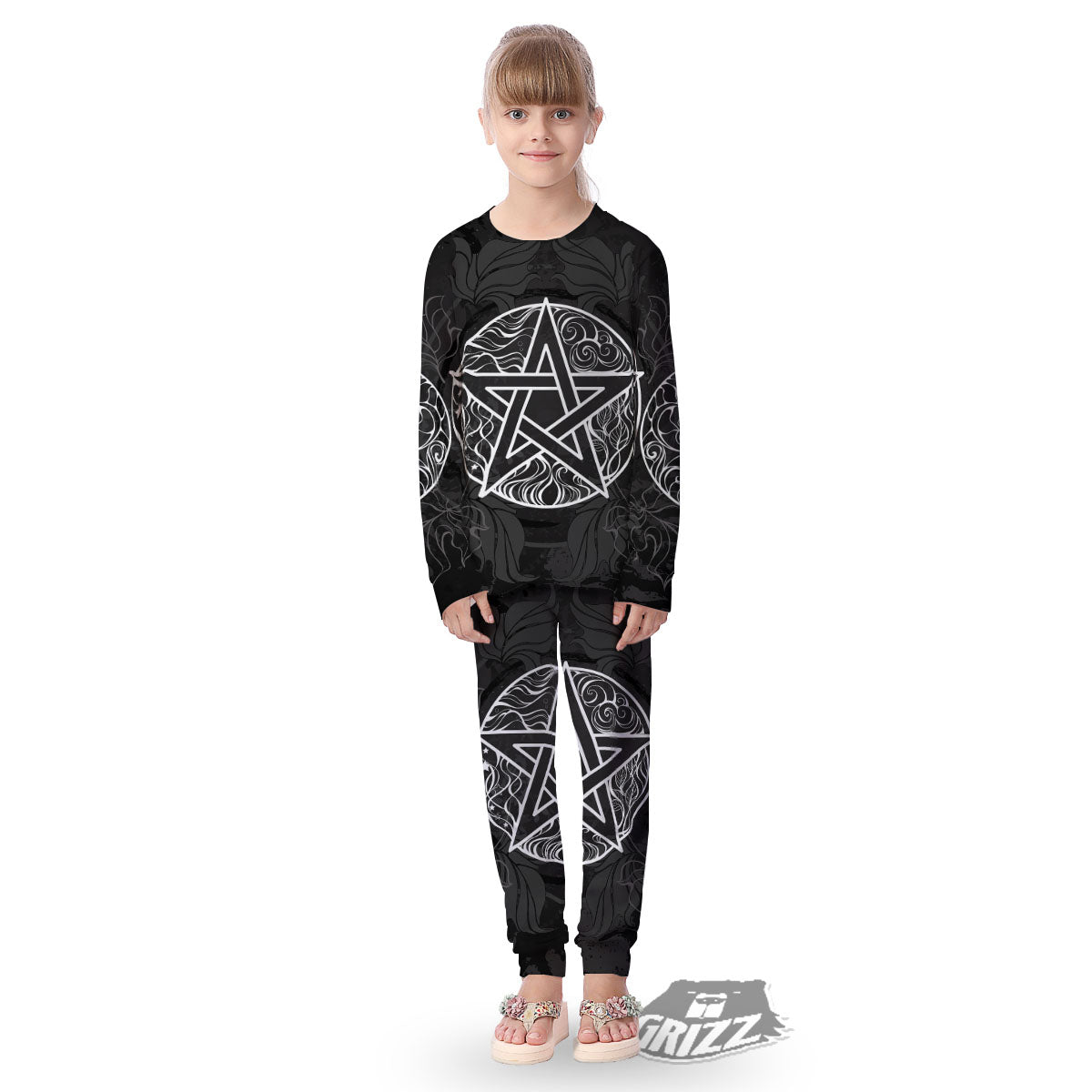 Wicca Pentagram White And Black Print Kid's Pajamas-grizzshop