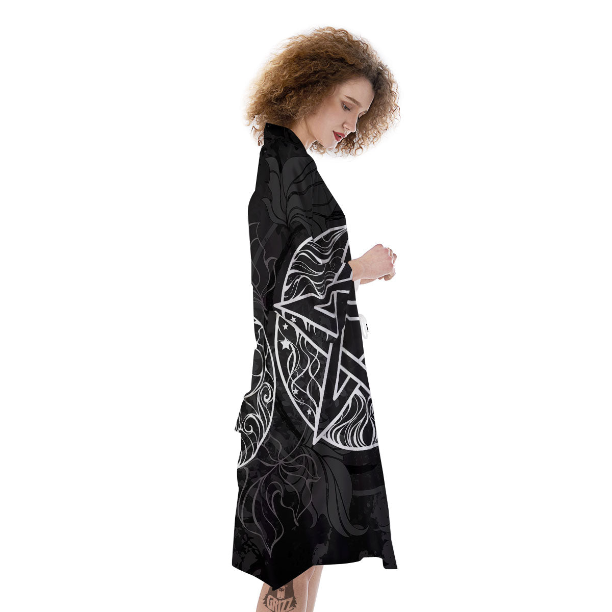 Wicca Pentagram White And Black Print Kimono-grizzshop