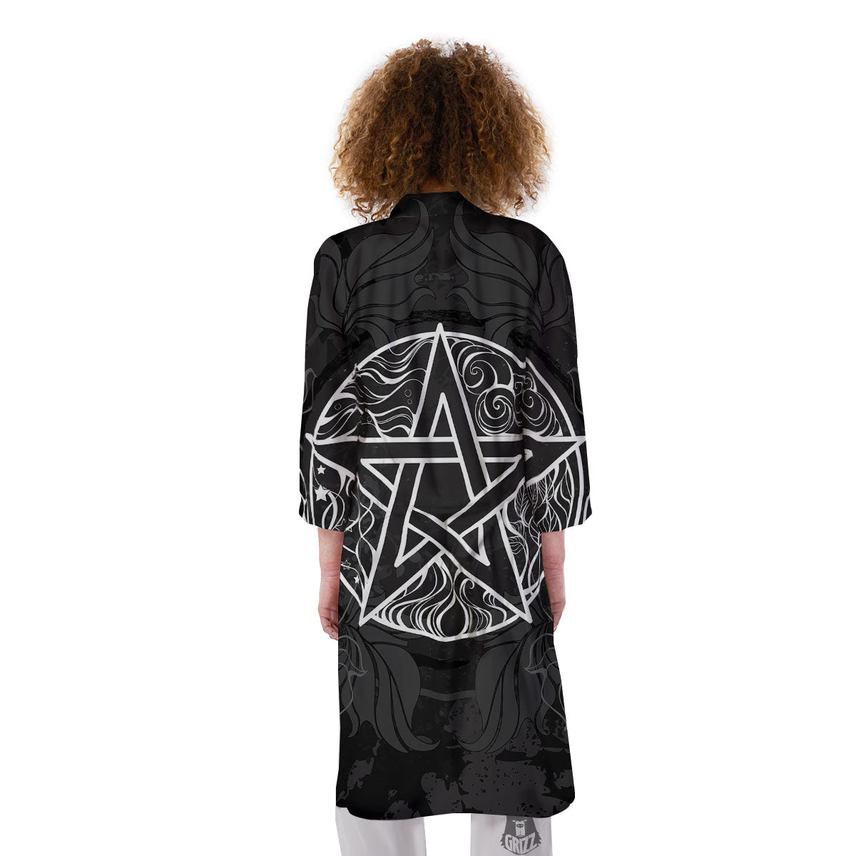 Wicca Pentagram White And Black Print Kimono-grizzshop