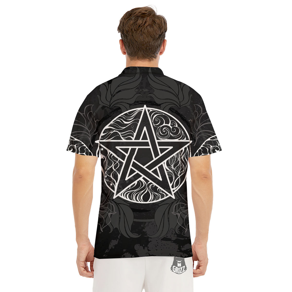 Wicca Pentagram White And Black Print Men's Golf Shirts-grizzshop