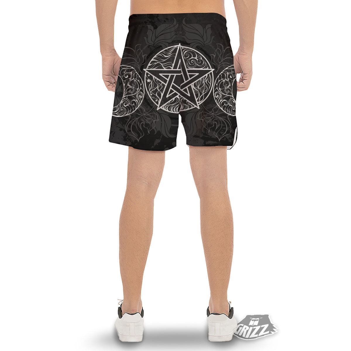 Wicca Pentagram White And Black Print Men's Gym Shorts-grizzshop