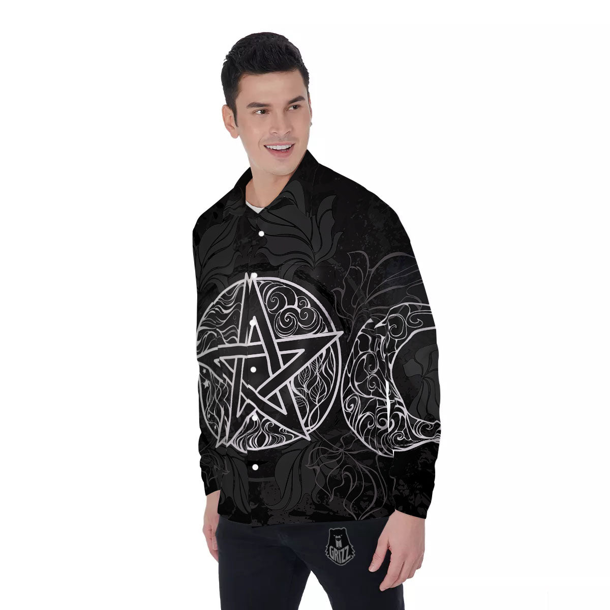 Wicca Pentagram White And Black Print Men's Long Sleeve Shirts-grizzshop