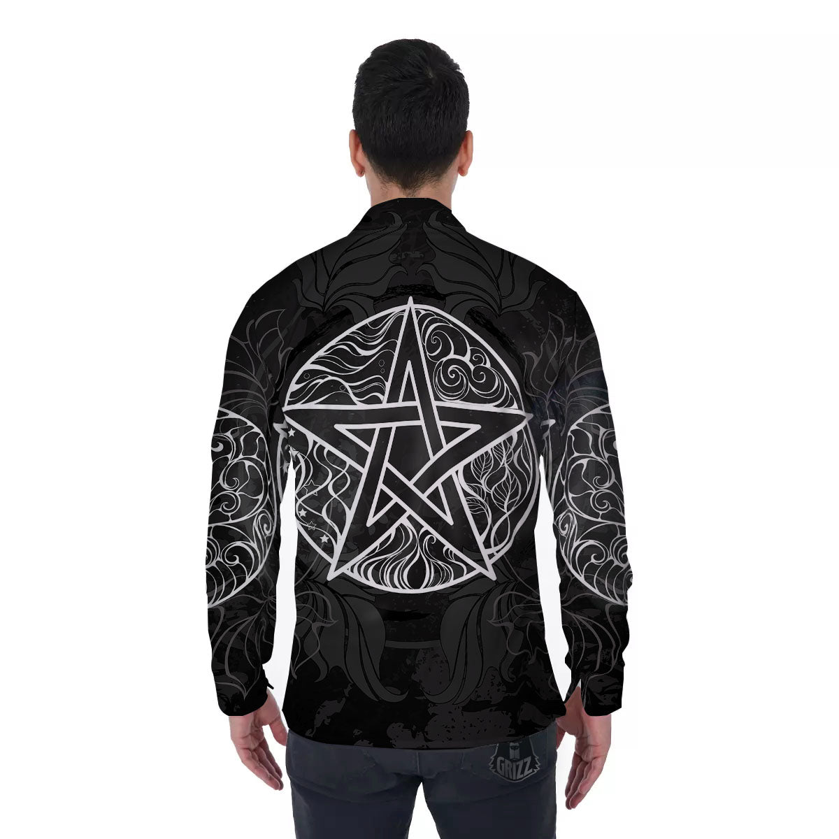 Wicca Pentagram White And Black Print Men's Long Sleeve Shirts-grizzshop