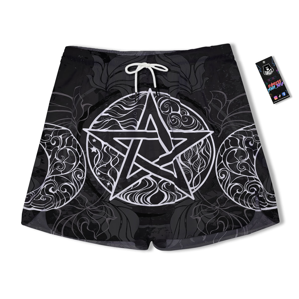 Wicca Pentagram White And Black Print Men's Running Shorts-grizzshop