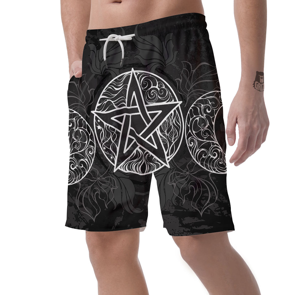 Wicca Pentagram White And Black Print Men's Shorts-grizzshop