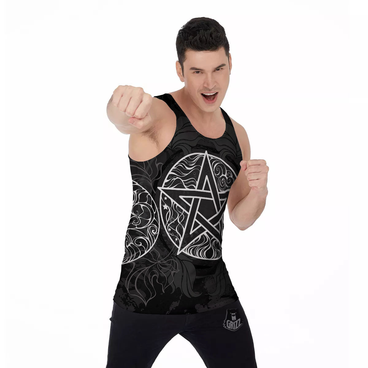 Wicca Pentagram White And Black Print Men's Tank Top-grizzshop
