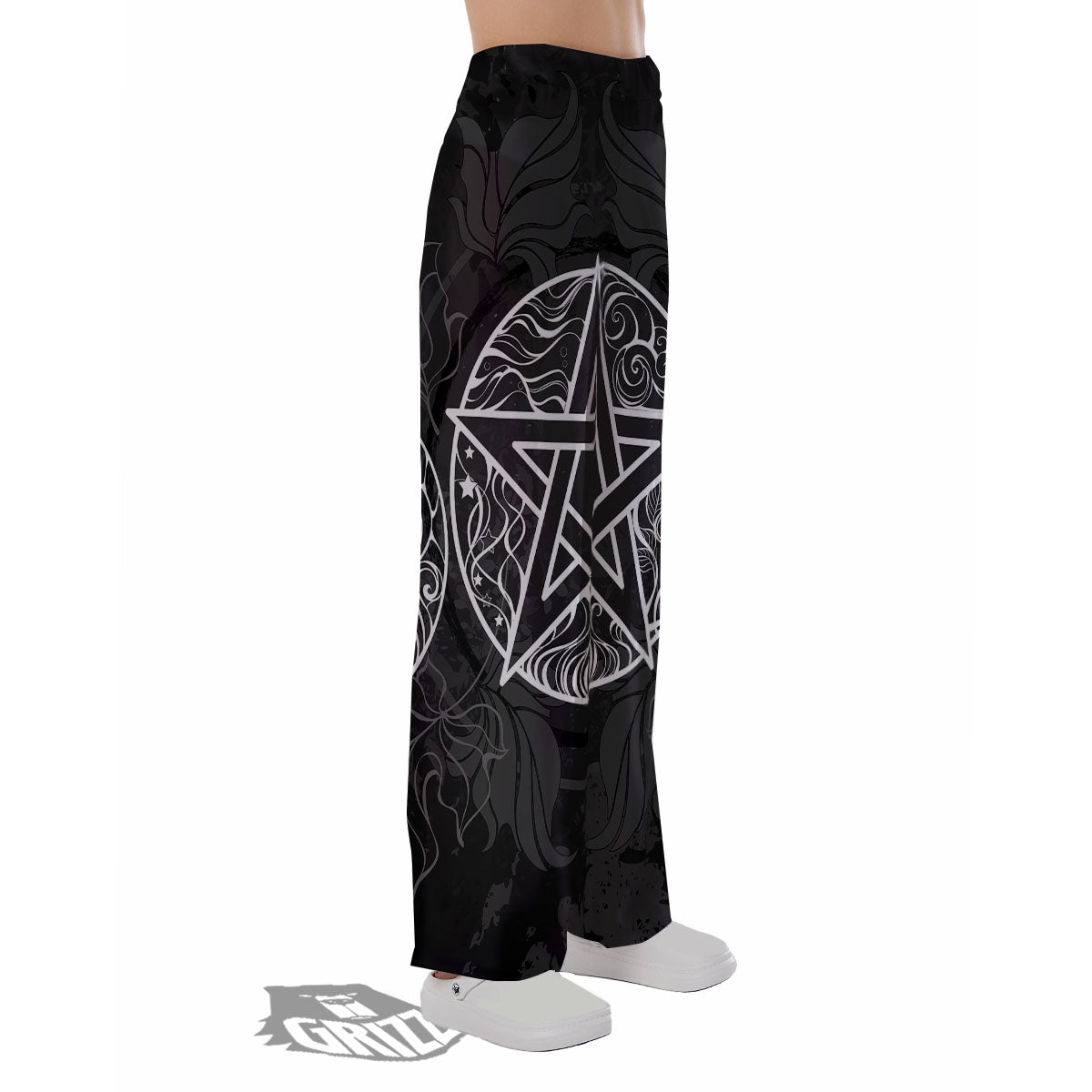 Wicca Pentagram White And Black Print Pajama Pants-grizzshop