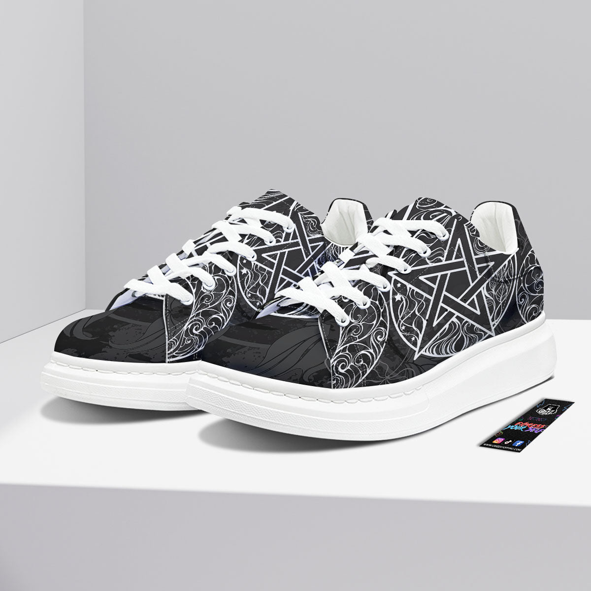 Wicca Pentagram White And Black Print Platform Shoes-grizzshop