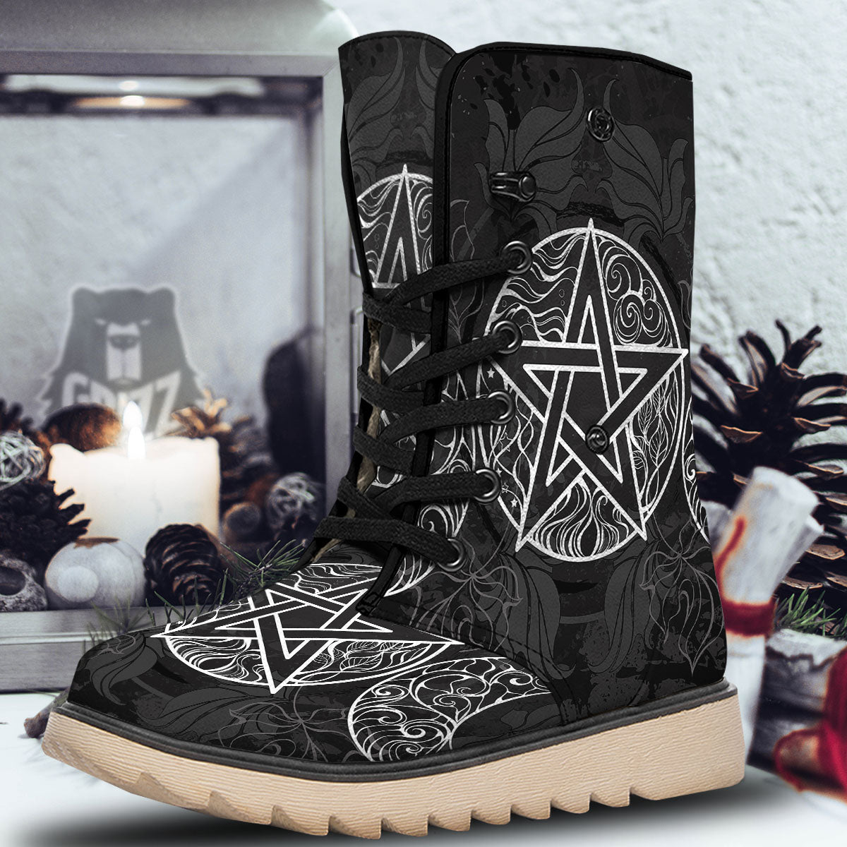 Wicca Pentagram White And Black Print Snow Boots-grizzshop