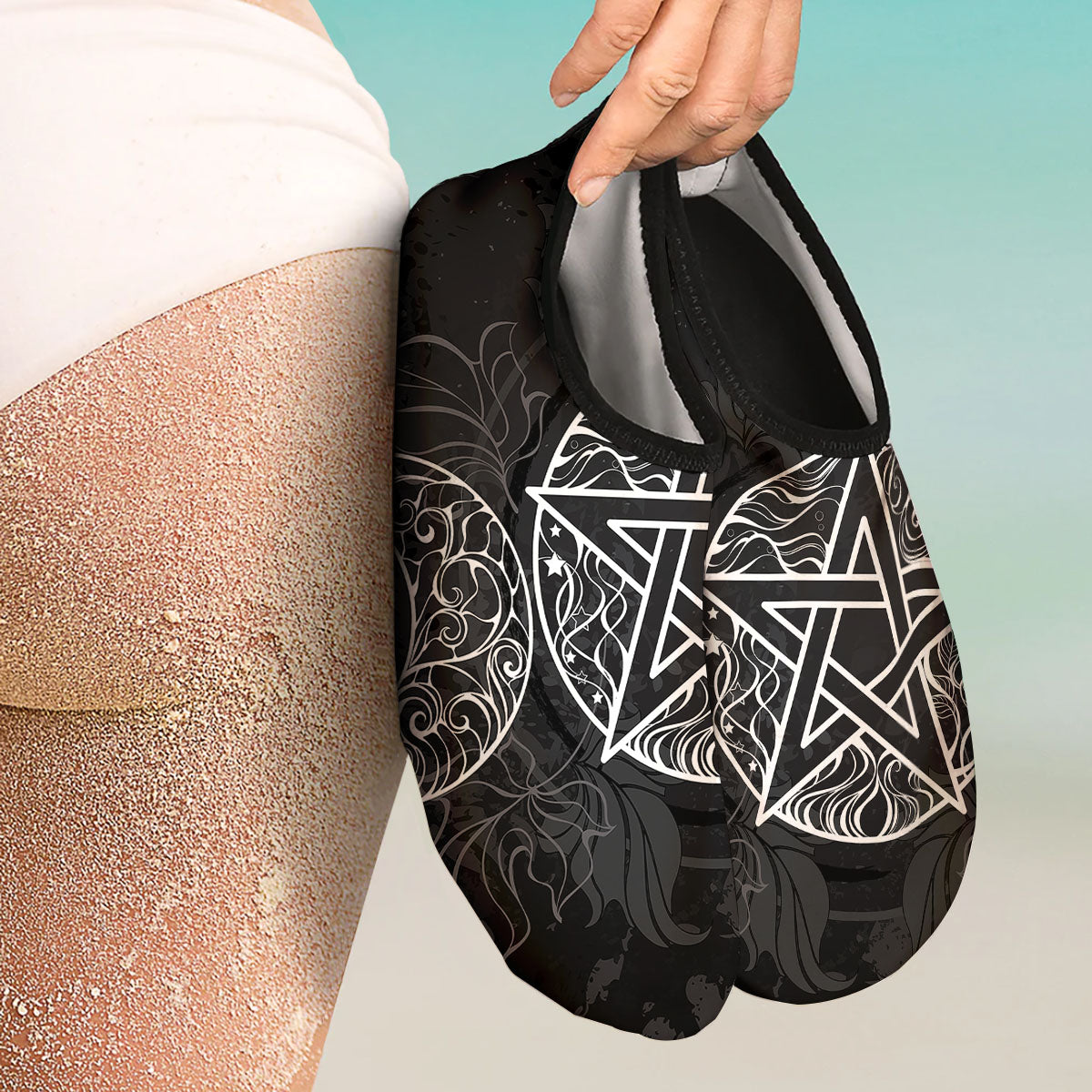 Wicca Pentagram White And Black Print Water Shoes-grizzshop