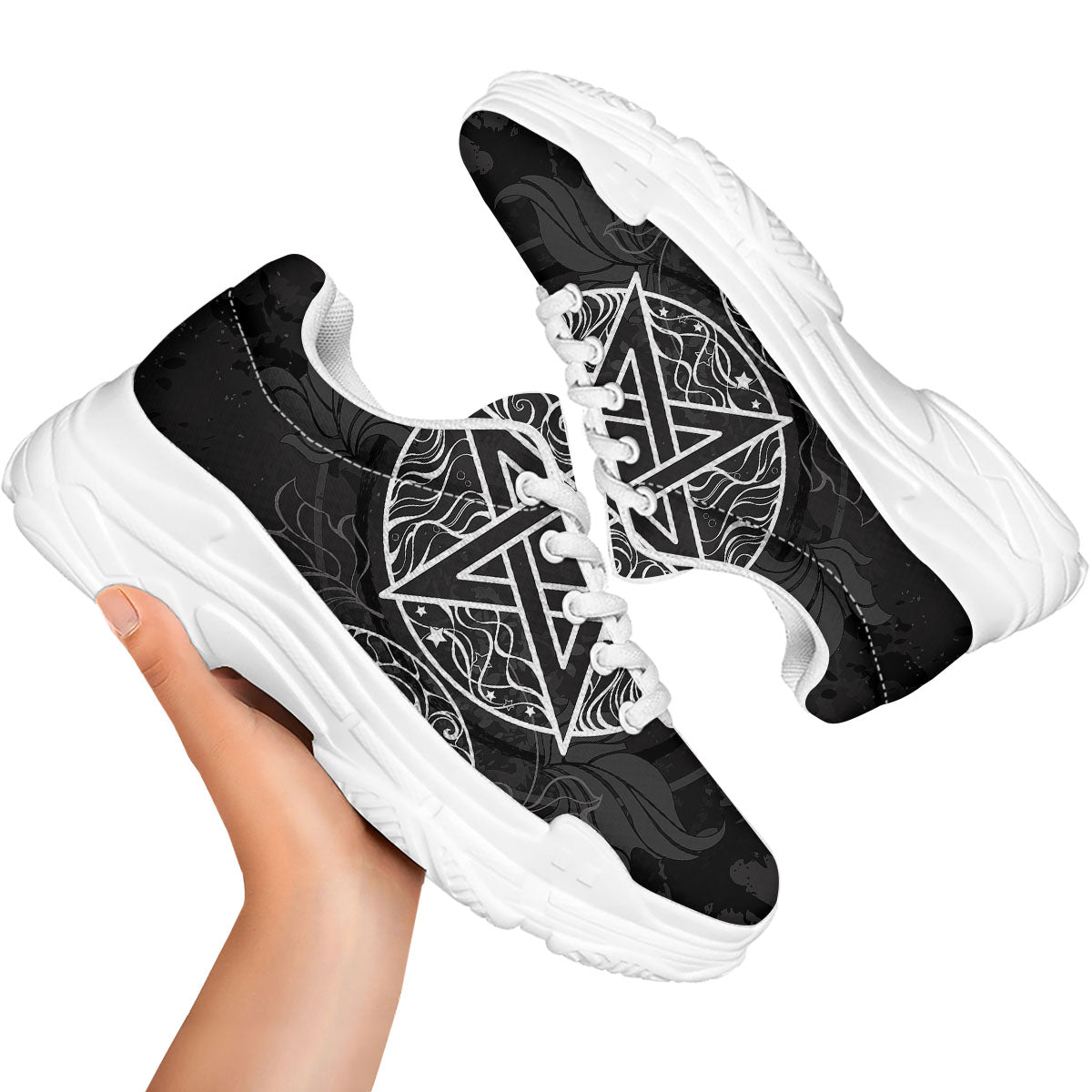 Wicca Pentagram White And Black Print White Chunky Shoes-grizzshop