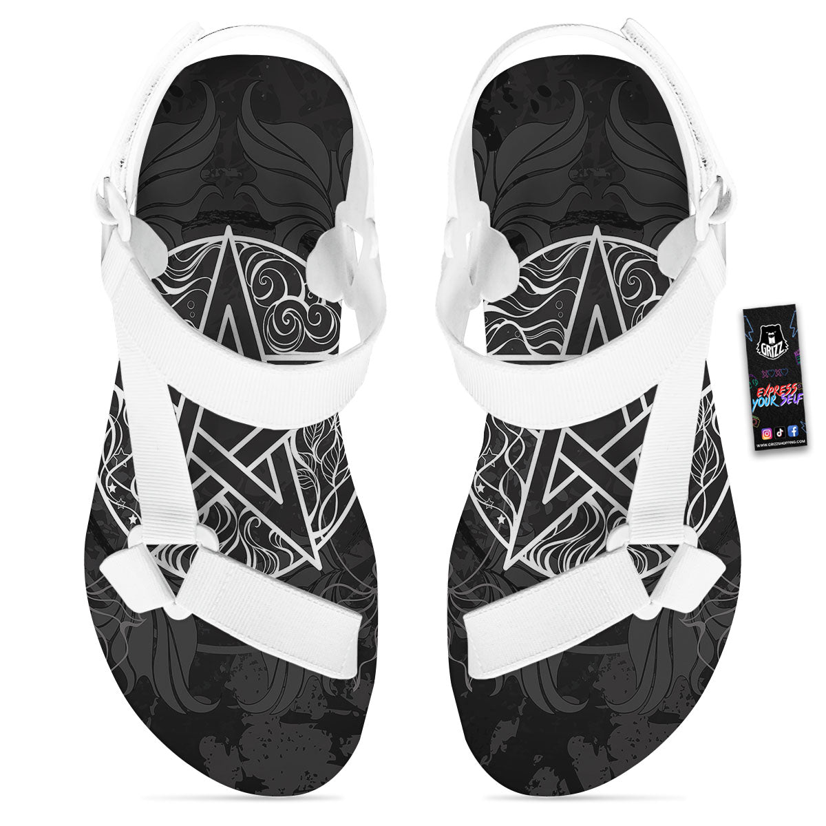 Wicca Pentagram White And Black Print White Open Toe Sandals-grizzshop