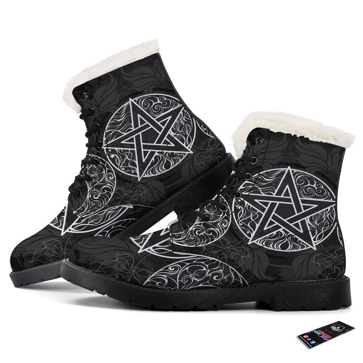 Wicca Pentagram White And Black Print Winter Boots-grizzshop