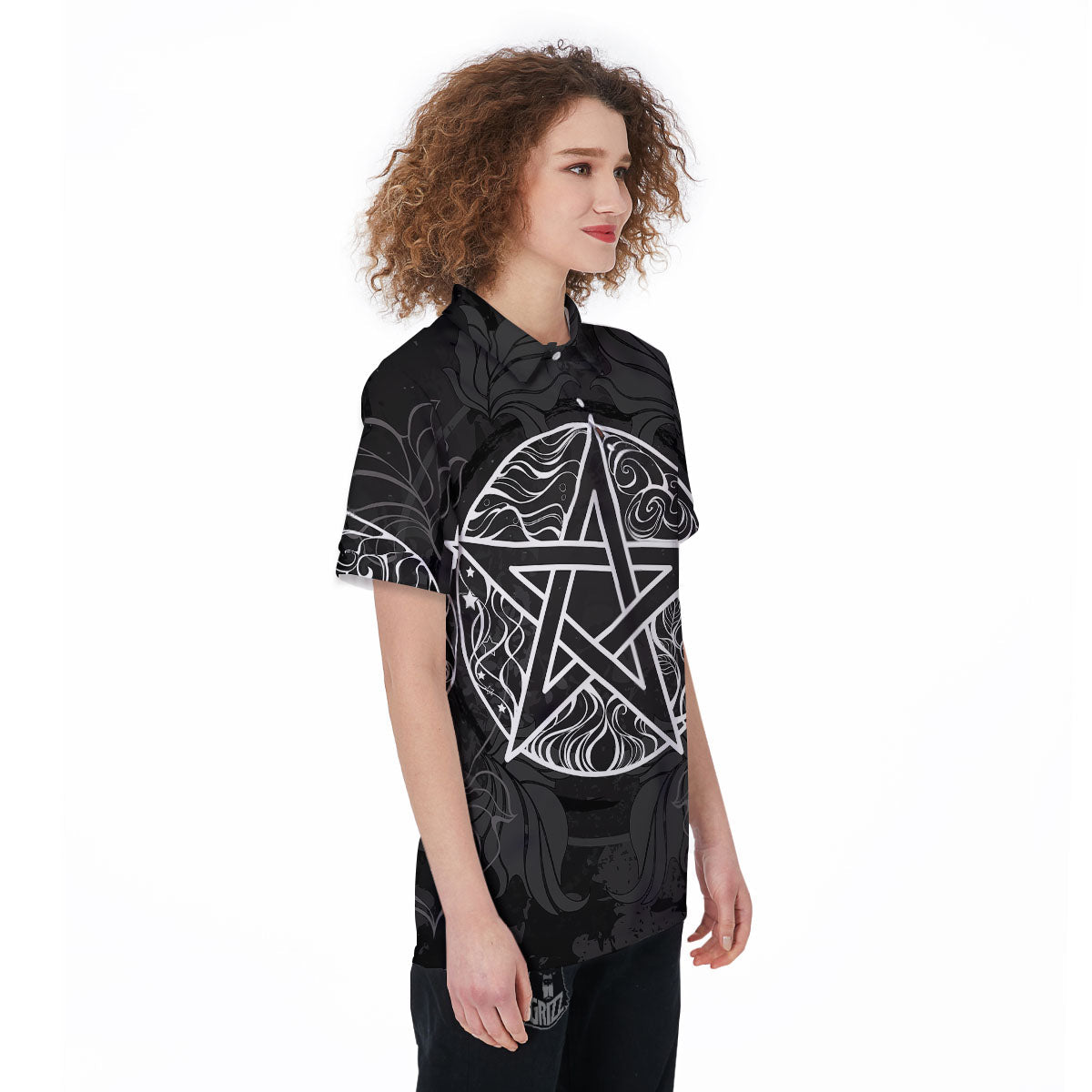 Wicca Pentagram White And Black Print Women's Golf Shirts-grizzshop