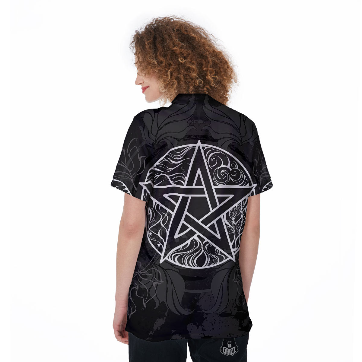 Wicca Pentagram White And Black Print Women's Golf Shirts-grizzshop