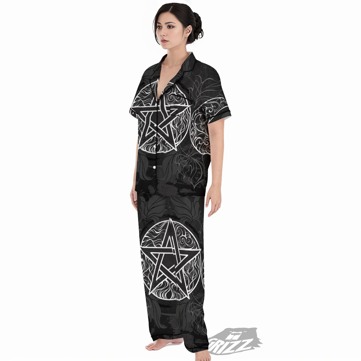 Wicca Pentagram White And Black Print Women's Pajamas Set-grizzshop